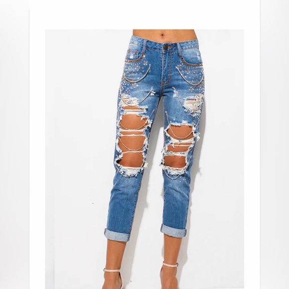 Distressed Rinestone Boyfriend Jeans - Picture 3 of 4